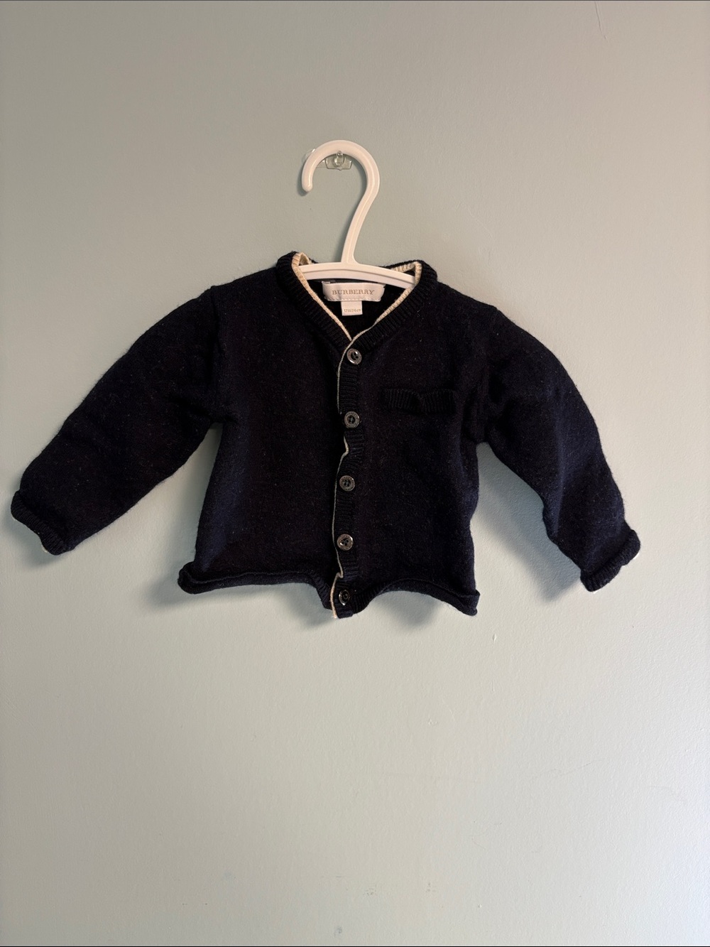 Burberry Dark Navy & Cream Trim Knit Cardigan Sweater, Baby Boy 12months